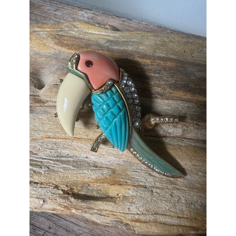 Hattie Carnegie Enamel Rhinestone Brooch Bird Toucan Pin Unsigned - Picture 8 of 13